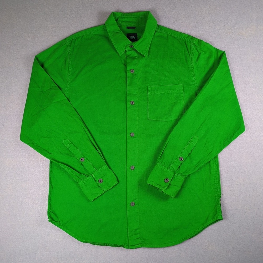 Stussy Button Up Shirt Mens Medium Green Solid Long Sleeve Remix 2010 World Tour